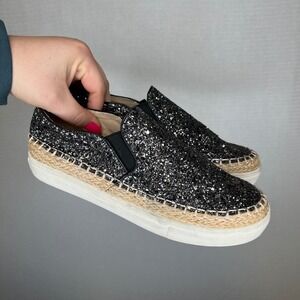 Henry Ferrera Ocean Club Black Glitter Espadrille Slip On Platform Sneakers 7.5